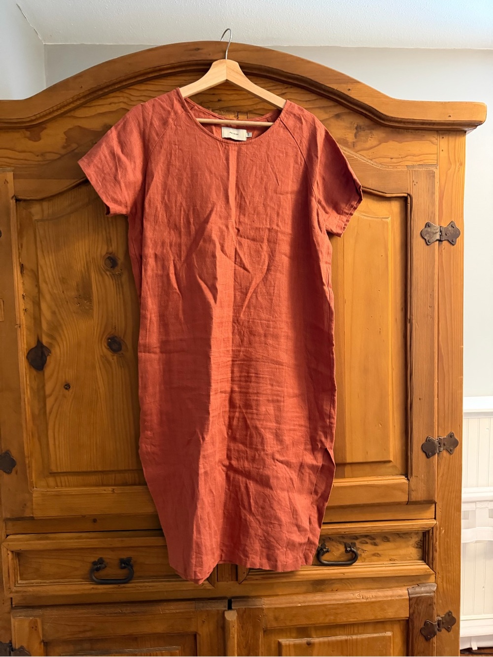 Rust Short-Sleeve Linen Midi Dress